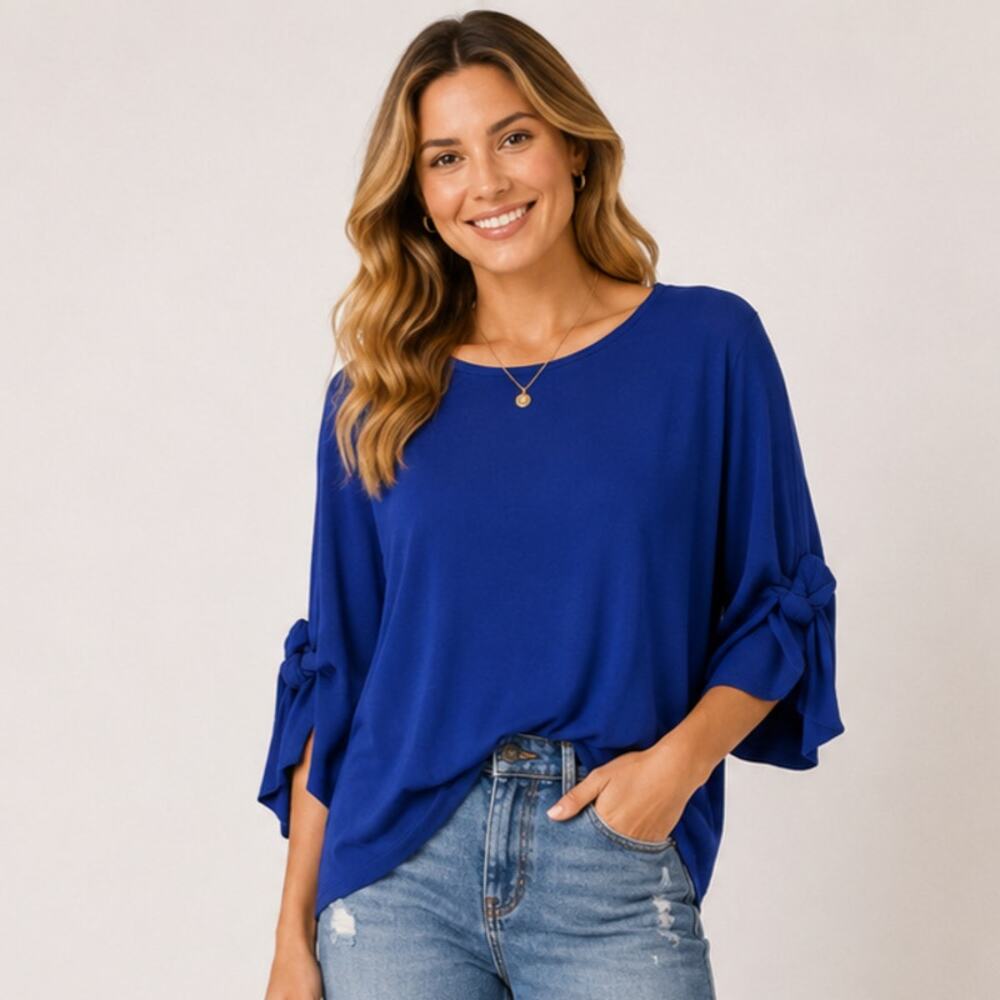 Susan Graver Liquid Knit Blouse Womens Size 2X Blue Bell Sleeves Tie Knot Office